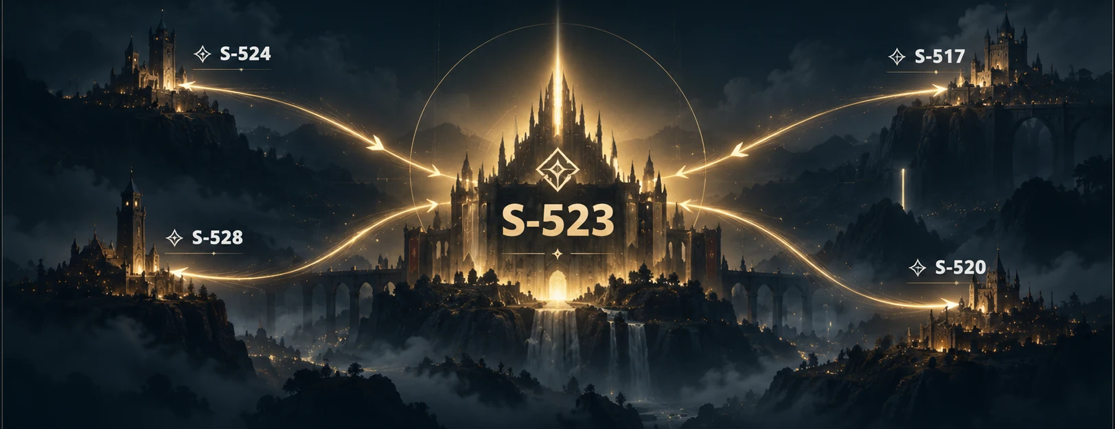 Các thành trì Server 524, 528, 517 và 520 hướng theo luồng ánh sáng về Server 523